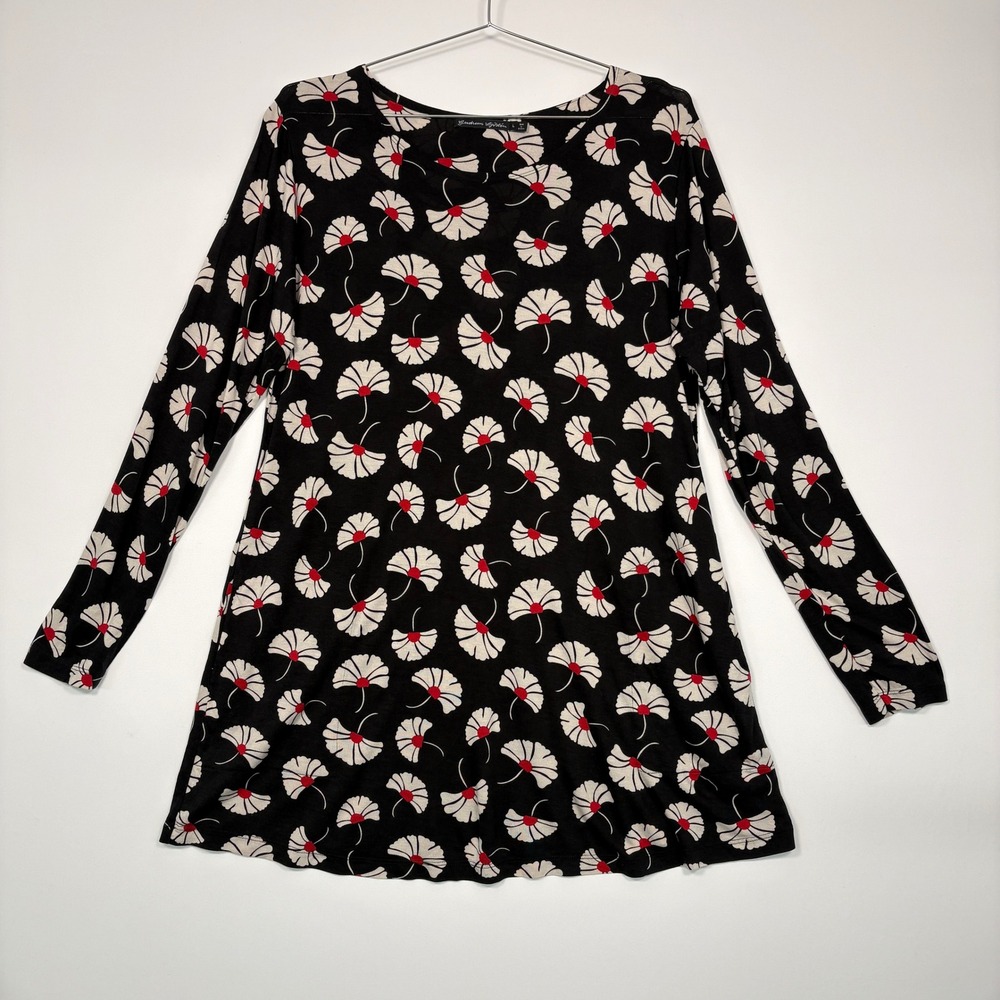 Gudrun Sjoden Women Tunic Top L Black Floral Modal Long Sleeve Pockets